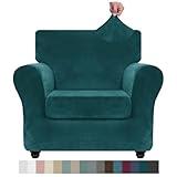 ZNSAYOTX Luxury Velvet Chair Slipcovers with Arms 2 Piece Stretch Chair Covers for Living Room Soft Armchair Slipcover Anti Slip Dog Pet Friendly Furniture Protector (Deep Teal),32"-46"(1 Cushion)