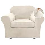 H.VERSAILTEX Rich Velvet Stretch 2 Piece Chair Cover Chair Slipcover Sofa Cover Furniture Protector Couch Soft with Elastic Bottom Chair Couch Cover with Arms Width Up to 49 Inch(Chair, Ivory)