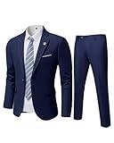 YND Men's Slim Fit 2 Piece Suit, One Button Jacket Pants Set with Tie, Solid Party Wedding Dress Blazer, Tux Trousers, Deep Blue