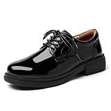 OKJ Oxford Shoes for Women, Black Womens Oxford Shoes Patent Leather Platform Women's Oxfords Comfortable Dressy Slip On, Lace Up Loafers Casual Work Business Dress Office Oxfords Shoes for Women 7.0