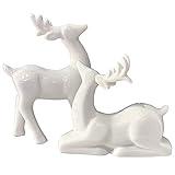 Porcelain Christmas Reindeer Figurines, Pack 2 Mini Animal Reindeer Decor Deer Statues Sculpture Tabletop Ornaments for Cabinet Mantel Shelves Fireplace Home Décor Accents Collectible Figurines