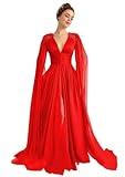 Back Zipper Long Formal Dress Chiffon Prom Gown 2024 for Teens Laces Appliques V-Neck with Cape Evening Fantasy Dresss Plus Pockets Pleated Red Plus Skirt 20W