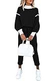 Fixmatti Travel Outfits For Women 2024 Lantern Sleeve Sweatshirt And Sweatpants Set Fall Trendy Lounge Set Black XL