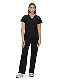 floralhue Scrubs for Women, V-Neck Scrubs Top & Cargo Pants with 12 Pockets, Yoga Waistband, 4 Way Stretch, Black, S