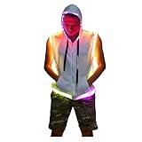 LEDPATY Men White Hooded Tank With Zip LED Light Up Music Player DJ Shirt Disco Burning Man Rave Tops Night Club Show for Halloween Dance Party(White, XXL)