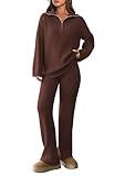 PRETTYGARDEN Womens Winter 2 Piece Sweater Set Long Sleeve Quarter Zip Sweatshirt Wide Leg Pants Fall Outfits Tracksuit (Coffee,X-Large)