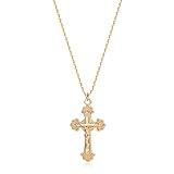 Fettero Crucifix Necklace Gold Faith Cross Pendant Vintage 14K Gold Plated Dainty Chain Minimalist Simple God Lords Prayer Religious Jewelry