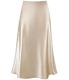 Women's Satin High Waist Hidden Elasticized Waistband Flared Casual A Line Midi Skirt Champagne