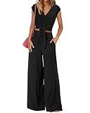 PRETTYGARDEN Women's Summer 2 Piece Outfits 2025 Cap Sleeve V Neck Belted Crop Tops Wide Leg Pant Sets Casual Tracksuit(Solid Black,Small)