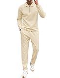 Babioboa Men's 2 Piece Tracksuit Set Jogging Sweatsuit Workout Athletic Casual Quarter Zip sport vaction Suit(Beige,XL)