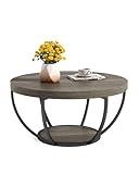 LITTLE TREE Round Coffee Table, 32" Circle Coffee Table for Living Room, 2-Tier Wood Accent Center Table with Open Storage Industrial Design Home Furniture (Grey and Black)