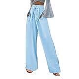 Cotton Linen Pants Women Soft Wide Leg Pant Pockets High Waist Casual Palazzo Pant Loose Flowy Pants with Belt Blue