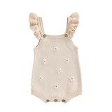 VSQWLZT Infant Baby Girl Summer Sleeveless Strap Bubble Romper One Piece Newborn Knitted Floral Bodysuit Outfit (Beige, 0-3 Months)