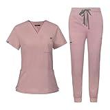 niaahinn Scrub for Women Scrubs Top with Classic V-Neck & Yoga Jogger Pants Medical Nursing Uniform Scrub Set (Pink, XS)