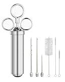 Brigii Turkey Injector Seasoning, 2oz Meat Injector Syringe, 304-Stainless Steel Seasoning Injector with 3 Marinade Needles and 3 Cleaning Brushes for Smoked BBQ Grilling