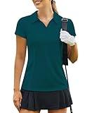 PINSPARK Polo Shirts for Women Short Sleeve Lightweight Golf Shirt Tennis Tops Quick Dry Collared Pickleball Outfits Summer Clothes,Blue Green Large