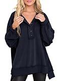 AlvaQ Oversized Sweatshirt For Women Casual Loose Fit Long Sleeve Button Henley Neck Tunic Tops Pullover Sweatshirts Fashion 2025 Outfits Plus Size Navy Blue 1X