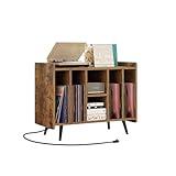 Karl home Record Player Stand with Vinyl Record Storage, Wood Record Storage Table with Power Outlet for Living Room, Bedroom, Turntable Stand with 4 Wood Legs, Holds up to 220 Albums, Vintage Brown