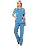 PuriPure Athletic Scrub Set for Women 4-Way Stretch V-Neck Scrub Top with 2 Pockets & cargo Scrub Pant with 5 Pockets (Ceil Blue, Small)