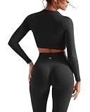 SUUKSESS Women 2 Piece Workout Sets Hidden Scrunch Hip Lifting Seamless Leggings Long Sleeve Yoga Crop Tops High Waisted Yoga Pants (Black, L)