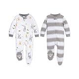 Burt's Bees Baby Baby Boy's 2-Pack Sleep and Play PJs, 100% Organic Cotton One-Piece Zip Front Romper Jumpsuit Pajamas, Grey, 3-6 Months