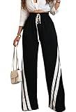 Voghtic Wide Leg Sweatpants Women Striped Drawstring Hight Waisted Loose Casual Pants Lounge Baggy Jogger Track Trousers Black