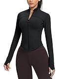 AVGO Women's Cropped Running Workout Jackets Zip Slim Fit Athletic Tops with Thumb Holes(Black, M)