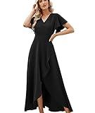 ZZV Wedding Guest Dresses for Women 2024 Gowns Evening Party Cocktail Dress,Long Split Elegant V Neck Wrap Ruffle Wedding Guest Dresses Black-XL