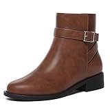 Athlefit Women's Ankle Boots Chunky Low Heel Fashion Round Toe Comfy Buckle Leather Brown Boots Fall Size 8