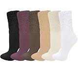 Chalier 6 Pairs Slouch Socks for Women, Soft Cotton Retro Scrunch Socks Mid Calf Rib Tube Socks Women, A-Black/Purple/Khaki/Beige/Light Gray/White