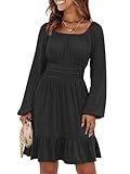 ANRABESS Womens Dress Long Lantern Sleeve Square Neck Elastic Waist Ruffle Flowy Swing A-Line Short Dresses 2024 Fall Fashion Black Small