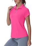 GGOV Womens Short Sleeve Golf Polo Shirt Zipper Tennis Top V Neck UPF 50+ Sun Protection Sport Shirts(HPK,M) Hot Pink