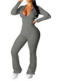 PINSV Women 2 Piece Outfits Workout Bodycon Tracksuit Long Sleeve Zip Up Hoodie Jacket Matching Flared Pants Sets Grey L