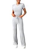 FKEEP Women's 2 Piece Lounge Outfits Sets - Slim Short Sleeve Crop Top & Straight Leg Pants Tracksuit - Casual Yoga Sweatsuit - Versatile Matching Sets for Gym, Travel - Comfortable & Stylish Wear