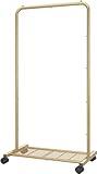 Simple Trending Standard Clothes Garment Rack, Clothing Rolling Rack with Mesh Storage Shelf on Wheels, Golden Yellow