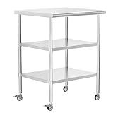 HOCCOT Stainless Steel Table with Wheels 24" x 30" Utility Worktable with 2 Adjustable Undershelves for Commercial Kitchen, Garage, Restaurant