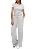 Darong Women's 2 Piece Trendy Outfits Relaxed Fit T Shirts and Long Pants Matching Sets Cozy Tracksuit Sets 9042A White Grey M