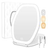 COSYGLOW Travel Makeup Mirror with Light: 3 Color Lighting Portable Mirror with Touch Screen Rechargeable Adjustable LED Lights Vanity Hexagon Mirror for Travel, Desk, Home (White, 1 Mirro)