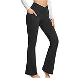 Xuboway Women Wide Leg Bootcut Pants High Waisted Flare Workout Pants Full Length Athletic Soft Casual Pants Comfy Palazzo Bell Bottom Crossover Gym Leggings with Pockets Black