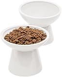 CEEFU 2 Elevated Ceramic Cat Bowls Extra Wide for Food & Water – Whisker Fatigue Shallow Food Dish, Lead & Cadmium-Free, Raised Height for Cats and Dogs, Two Different Depth Bowls, White
