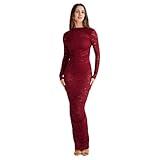 JUMISEE Women's See Through Lace Long Sleeve Maxi Dress Sexy Ruched Backless Bodycon Cocktail Dress Party Evening Gown Burgundy