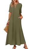 MEROKEETY Women's 2025 Summer Maxi Dress Casual Short Sleeve Beach Vacation Crewneck Basic Long T Shirt Dresses, ArmyGreen, XX-Large