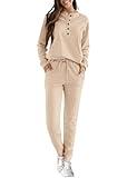 KIRUNDO Womens Sweatsuits 2 Piece Set 2025 Fall Winter Button Henley Sweatshirt Drawstring Pants Lounge Sets with Pockets(Khaki, Small)