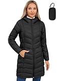 SLOWTOWN Women’s Packable Puffer Coat Lightweight Hooded Puffer Jakcet Mid Length Warm Winter Coat (Black, M)