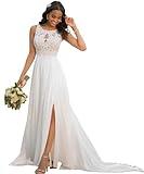 Fashionbride Women's Wedding Dresses for Bride Chiffon Slit Appliques Lace A-line Beach Bridal Gowns Ivory