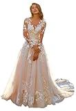 Miao Duo Elegant Long Sleeves Lace Tulle Wedding Dresses A Line V Neck Beach Wedding Gowns for Bride White 16