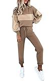 Fixmatti Women Two Piece Color-block Sweatsuit Long Sleeve Sweatshirt and Sweatpants Jogger Set Khaki XL