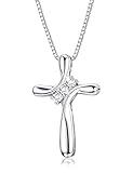 FUNRUN JEWELRY 925 Sterling Silver Cross Necklace for Women 3-Stone Cubic Zirconia Silver Cross Pendant Necklaces with 1MM Box Chain,18 Inches