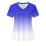 Women Scrub Tops Short Sleeve V Neck Working Uniforms Gradient Color Holiday Blouse Business Nurse Tops (#02 Blue,Large)