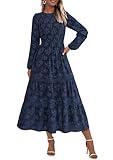 PRETTYGARDEN Womens Fall Midi Dress Elegant Floral Long Sleeve Smocked Boho Wedding Party Long Flowy Dresses (Navy,Medium)